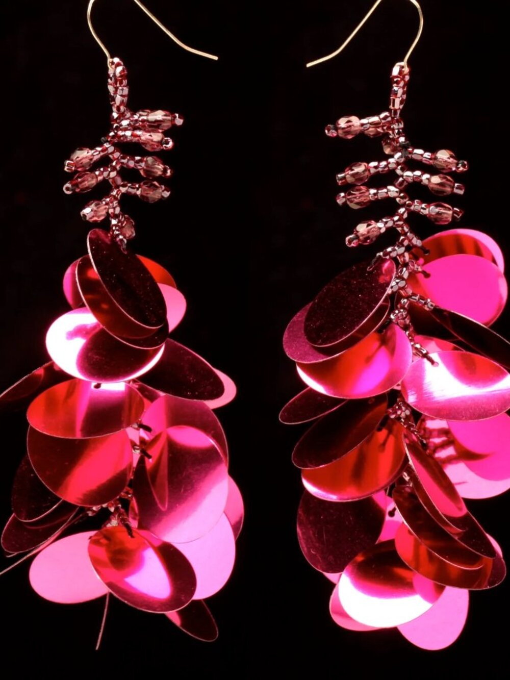 Giant Pink Earrings Lightweight Sequins and Glass Beads on French Earwire - Picture 3 of 4